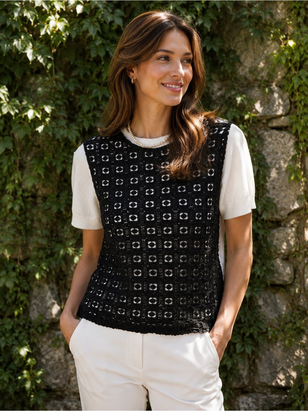 KATE SPADE Layered Black and White Fitted Crewneck Sweater, M (Runs Small)